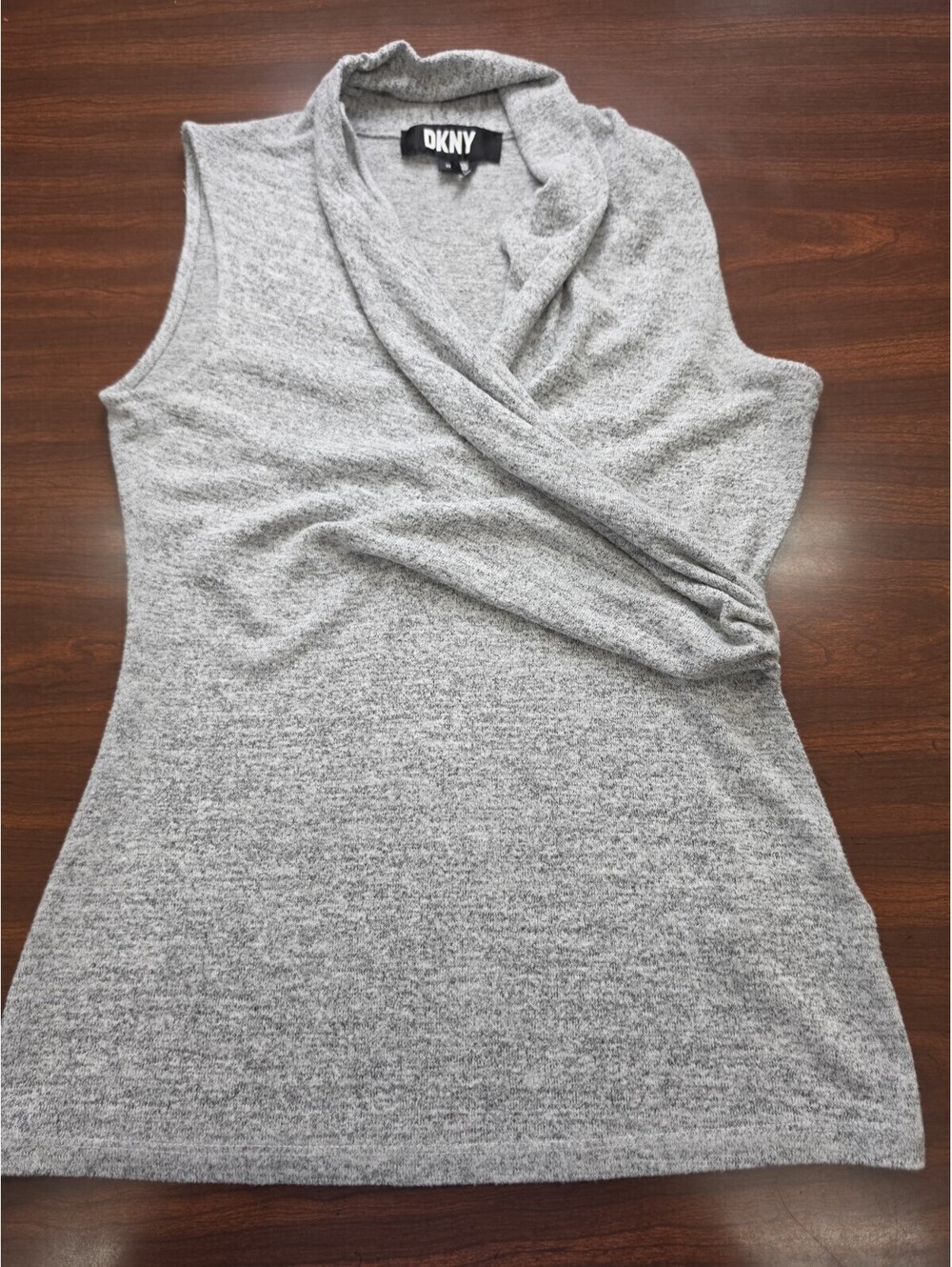 DKNY Gray Space Dye Sleeveless Cowl Neck Wrap Top Size XS Quiet Luxury Soft Knit